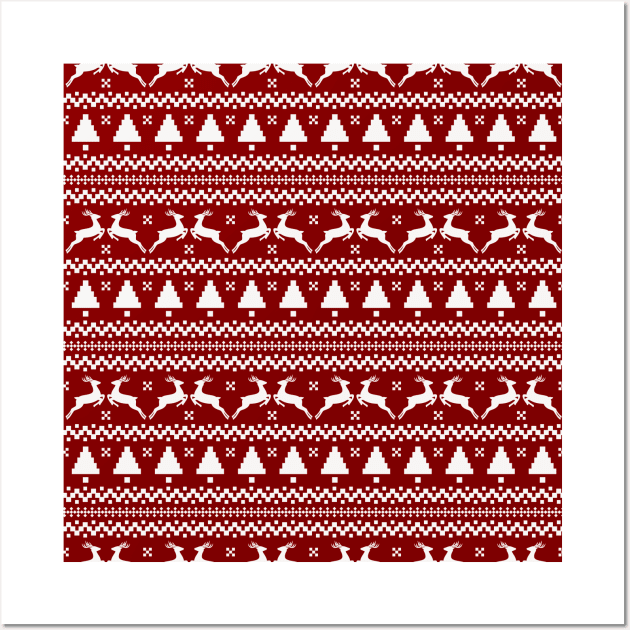 Large Dark Christmas Candy Apple Red Nordic Reindeer Stripe in White Wall Art by podartist